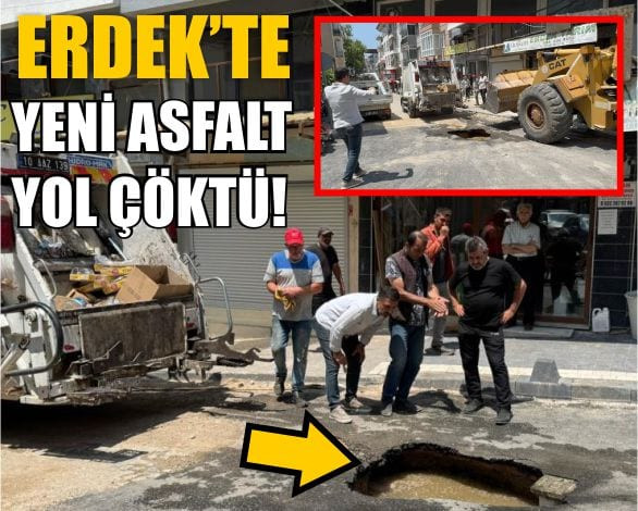 Erdek’te Yeni Asfalt Yol Çöktü! Çöp Kamyonu Yolda Mahsur Kaldı